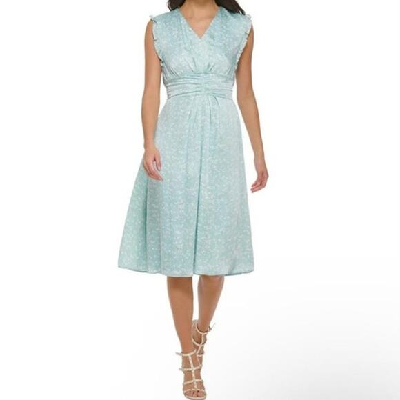 NWT DKNY Sky Blue Floral Midi Dress Women's Size 12 Smocked Silky Puff Sleeve - Picture 1 of 11